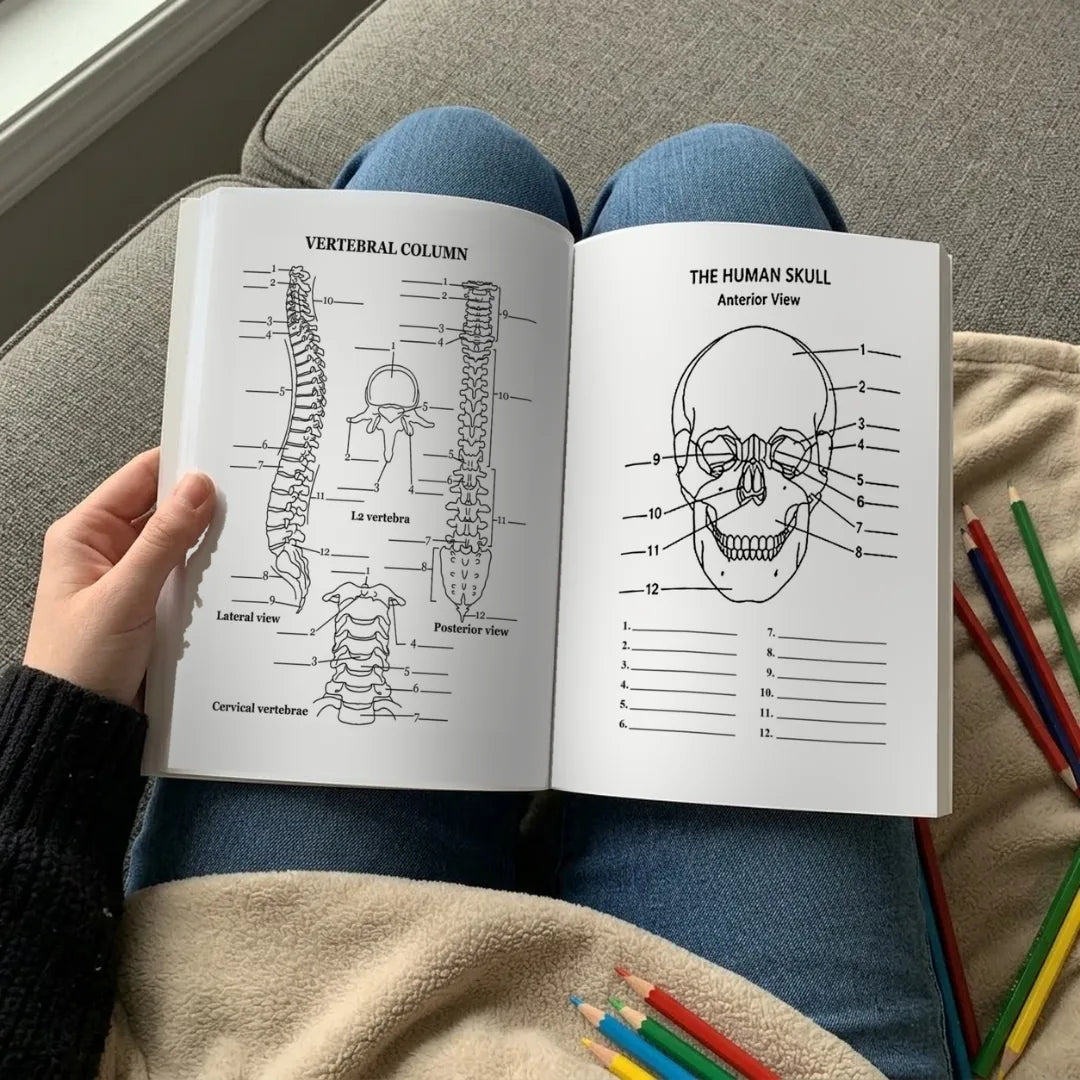 Open book on a lap with colored pencils